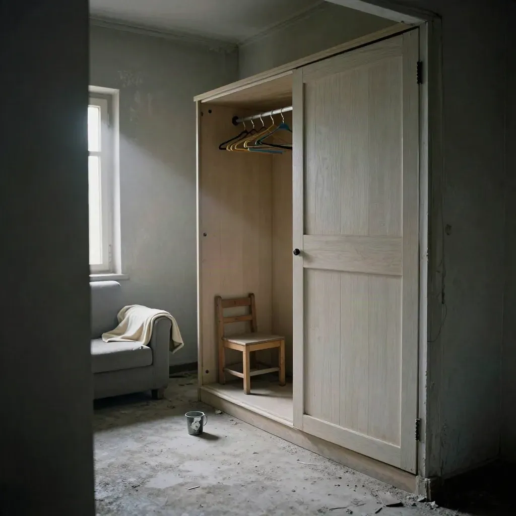 Leere syrische Familienwohnung mit offenem Schrank, Kinderstuhl und Staublicht.