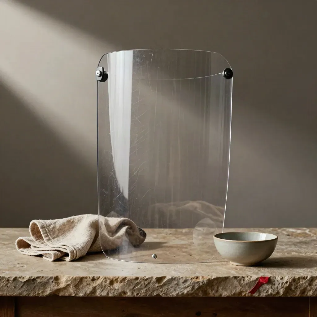 Transparenter Schutzschild mit Tuch und Schale auf Stein im dramatischen Licht.