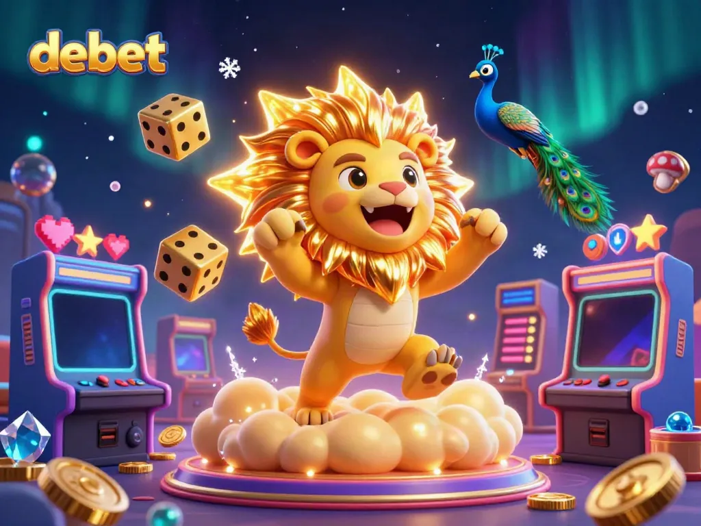 Experience the thrill of debet gaming with colorful arcade elements and a majestic lion in a vibrant 3D scene.