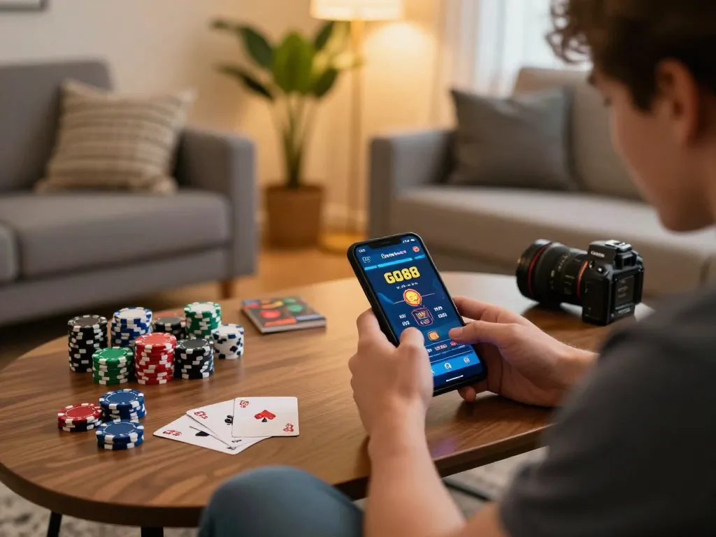 Engaging in thrilling gameplay on the GO88 app in a cozy living room.