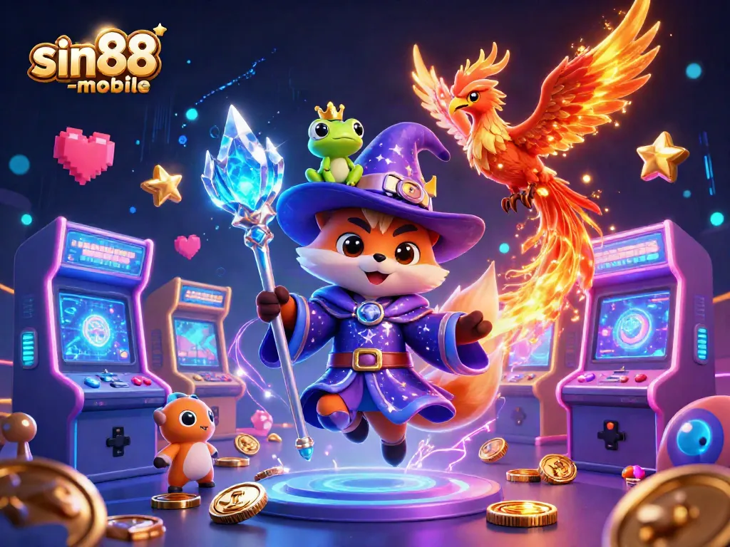 Engaging scene of sin88-mobile with a mystical wizard fox, a phoenix, and vibrant casino elements for online gaming.