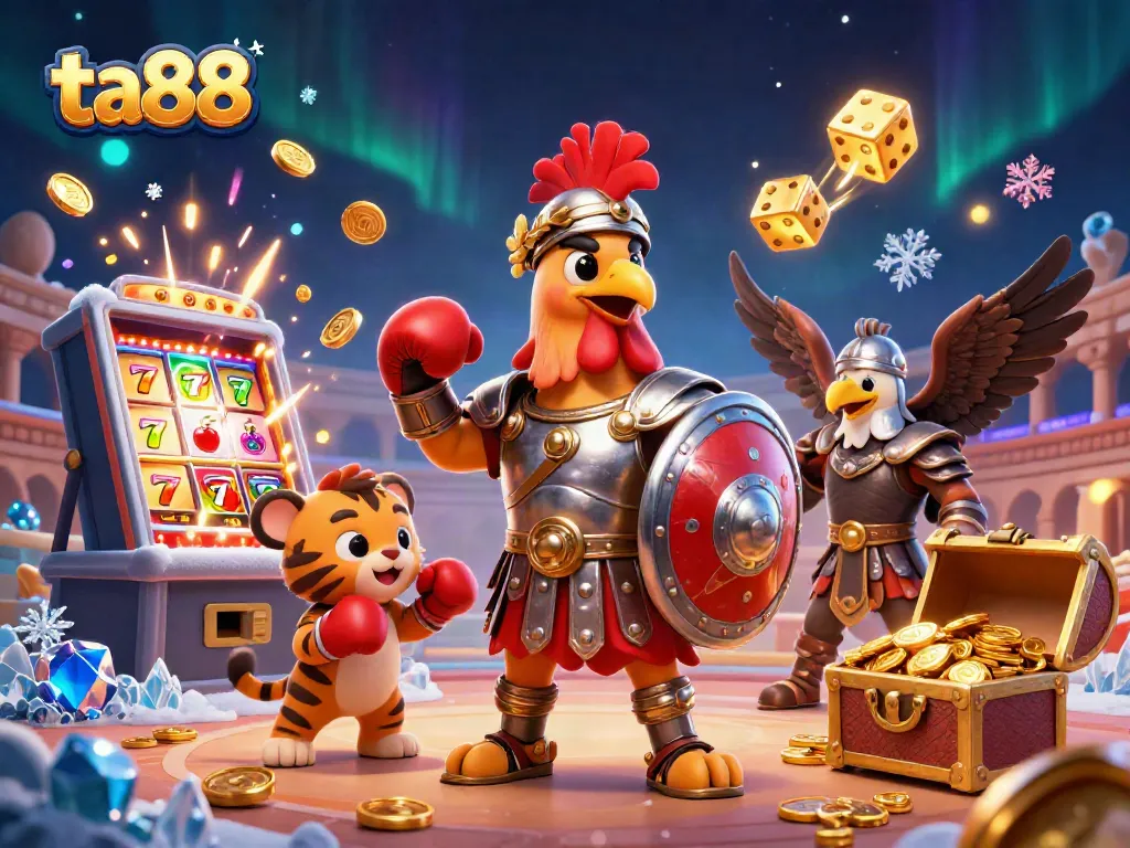 Experience thrilling casino adventures with ta88 featuring a gladiator rooster amidst magical jackpot elements.