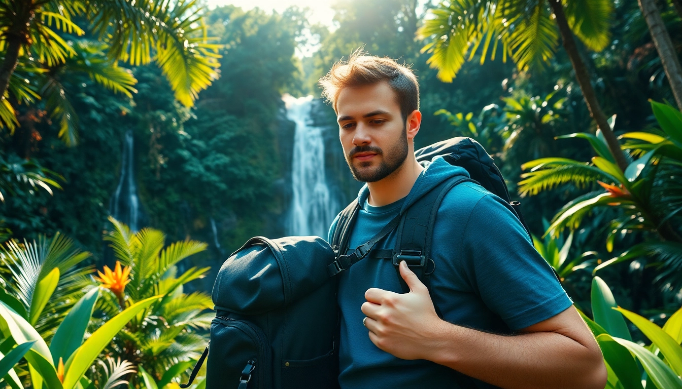 Fernreisen: Abenteuerlicher Reisender im Dschungel mit Rucksack und Wasserfall im Hintergrund.
