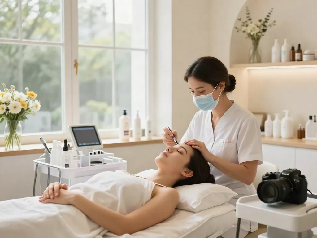 Augenringe wegbekommen: Beauty-Behandlung im Salon mit entspannter Atmosphäre und Fachfrau.