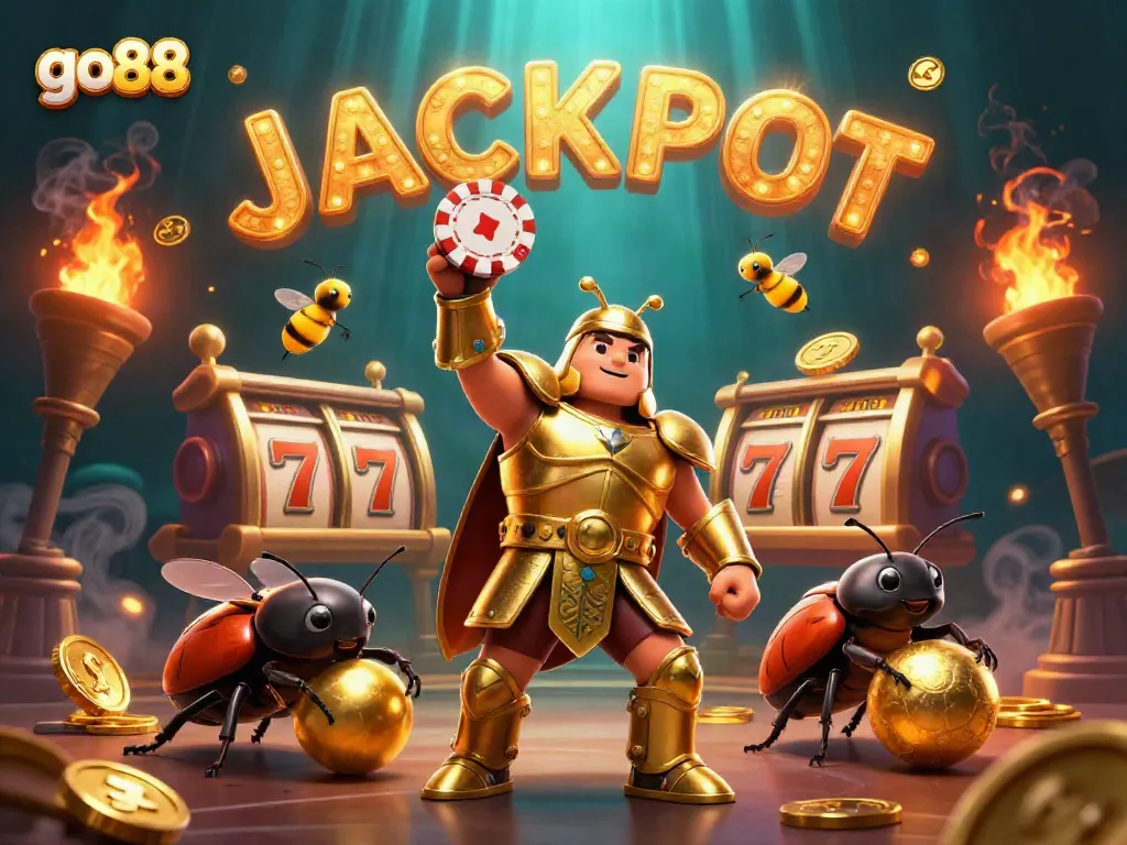 Experience the thrill of go88 with a vibrant 3D illustration showcasing a beetle in golden armor and jackpot elements.