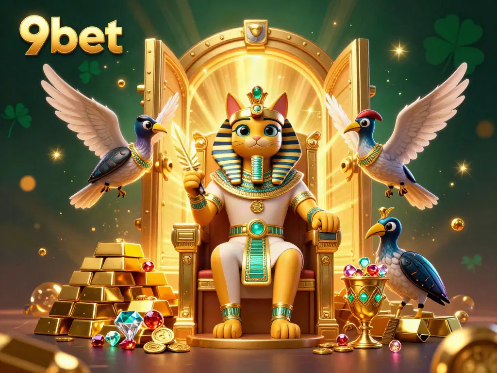 Engage with the excitement of 9bet, featuring an Egyptian pharaoh cat and treasure elements in a lively casino atmosphere.