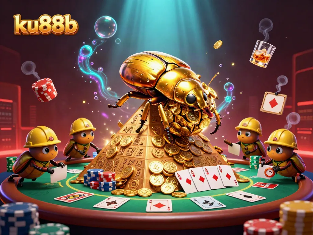 ku88b showcases a golden dung beetle rolling coins in a vibrant casino scene