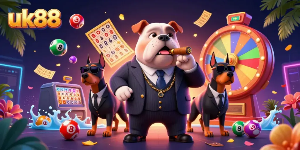 Experience the thrill of uk88 with a vivid 3D illustration of gaming excitement, featuring dynamic lottery elements.