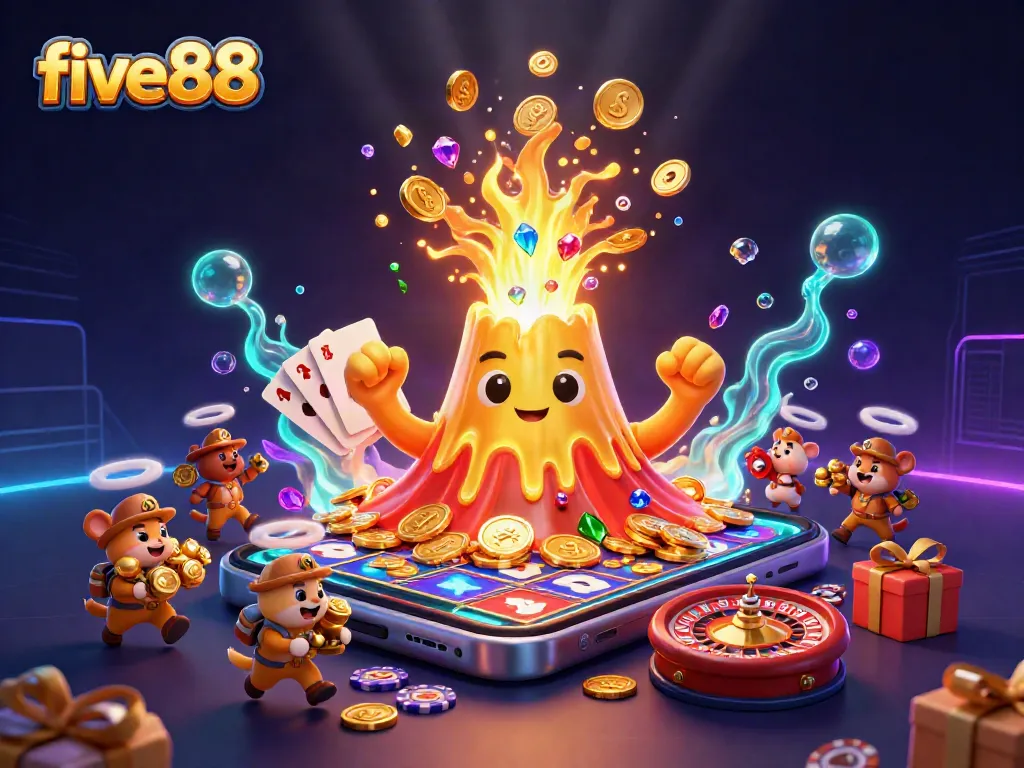 Experience the excitement of five88 with a golden volcano erupting coins and treasures in this vibrant casino scene