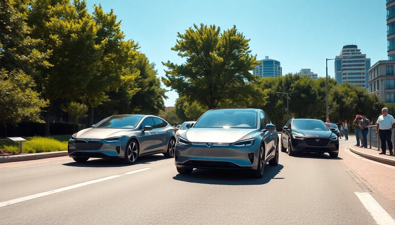 Elektroautos fahren auf einer urbanen Straße, umgeben von Natur und modernen Gebäuden.