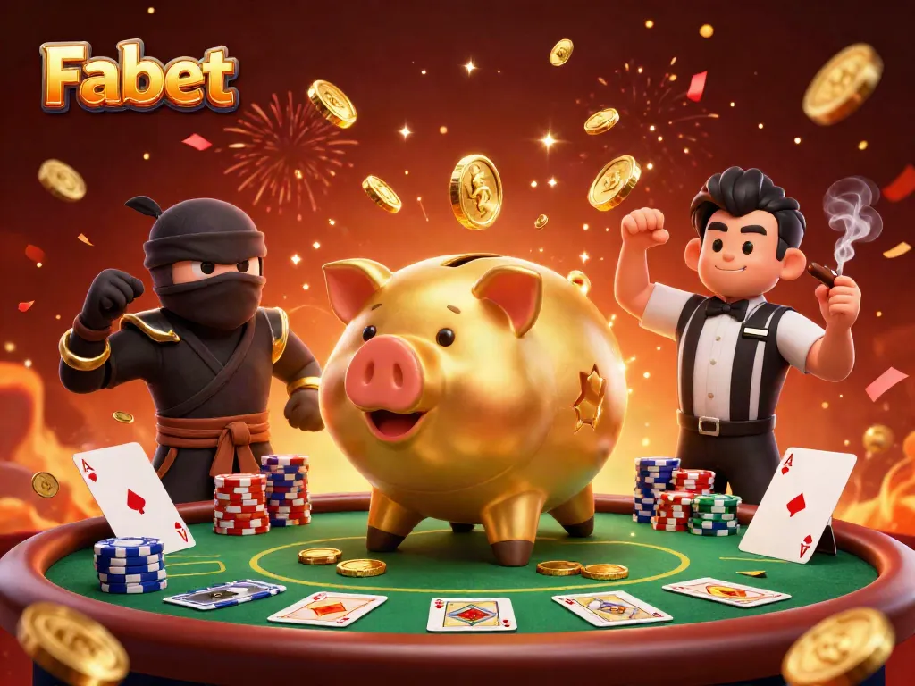 Experience the thrilling action at Fabet with an energetic 3D scene featuring a golden piggy bank sumo wrestler.