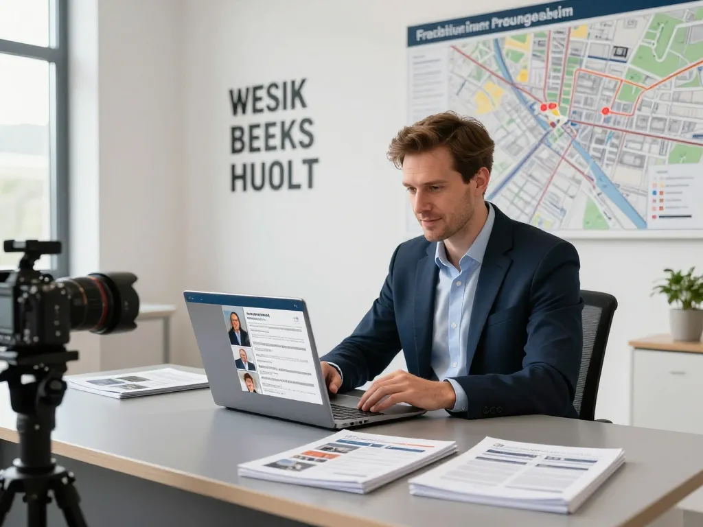 Immobilienmakler Frankfurt Preungesheim bespricht Immobilien in einem modernen Büroumfeld.