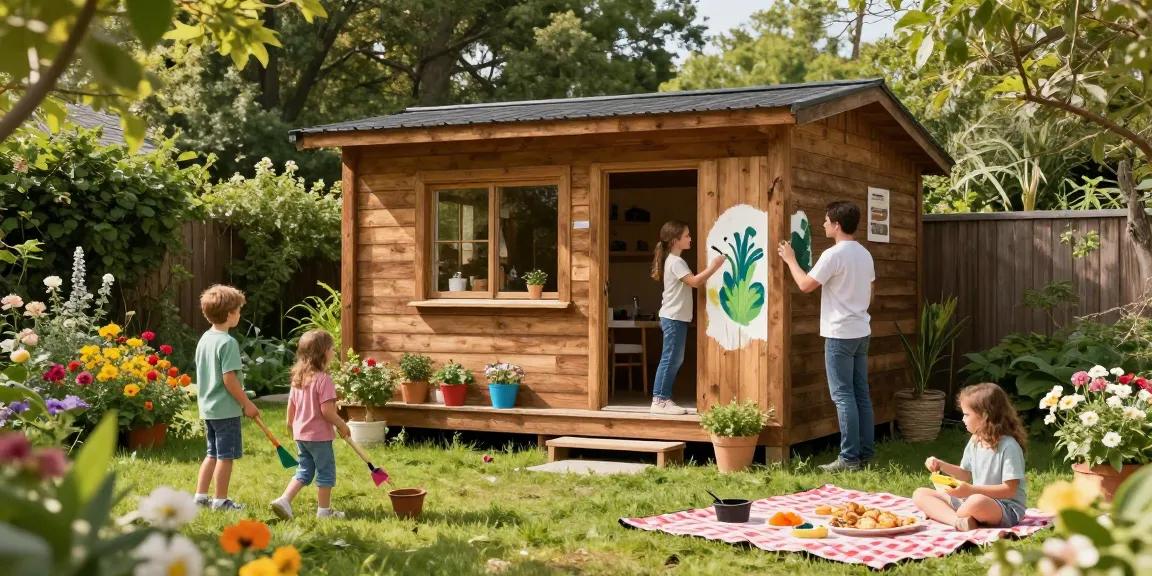 Gartenhaus kaufen: Familie malt ein neues Holz-Gartenhaus in einer blühenden Gartenlandschaft.