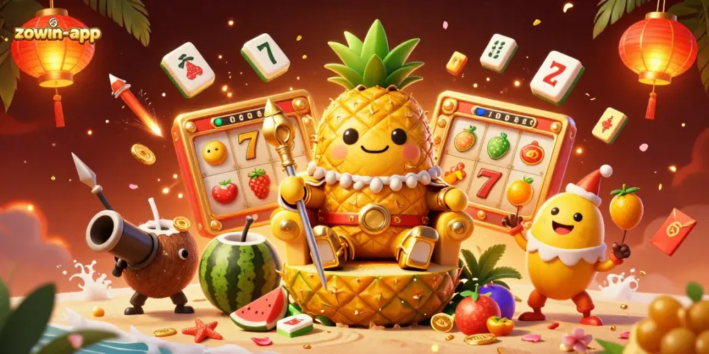 Experience slots and jackpots at zowin-app with exciting characters in vibrant casino setting.