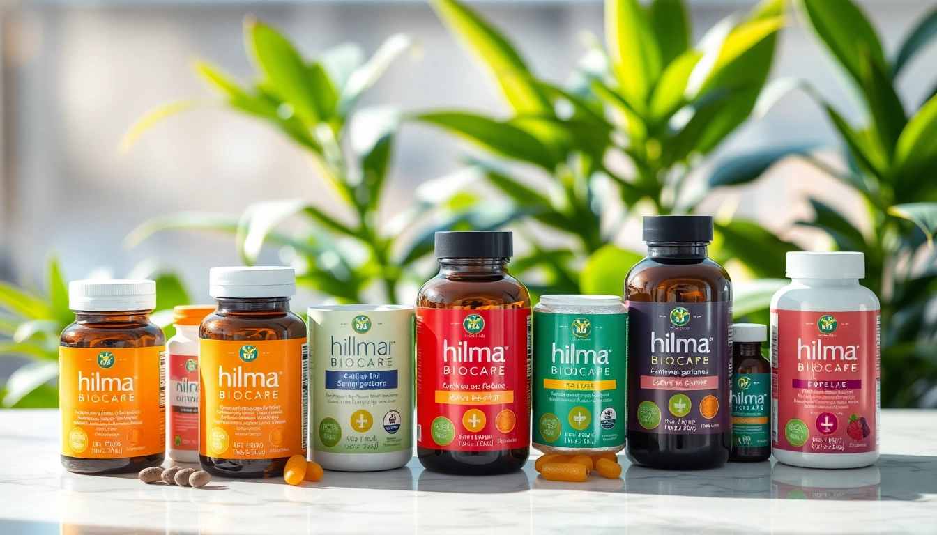 Hilma Biocare Produkte auf hellem Marmortisch in einladender Anordnung.