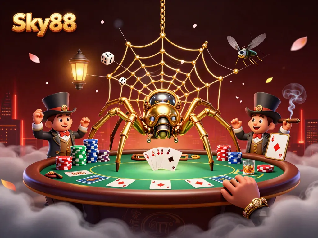 Engage with Sky88's thrilling gameplay, featuring a steampunk spider and interactive poker elements in an enchanting casino scene.