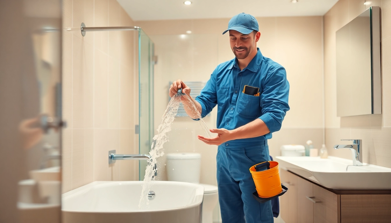 Professioneller Klempner, der im Badezimmer einen Sanitär Notdienst durchführt, um einen strömenden Wasserhahn zu reparieren.