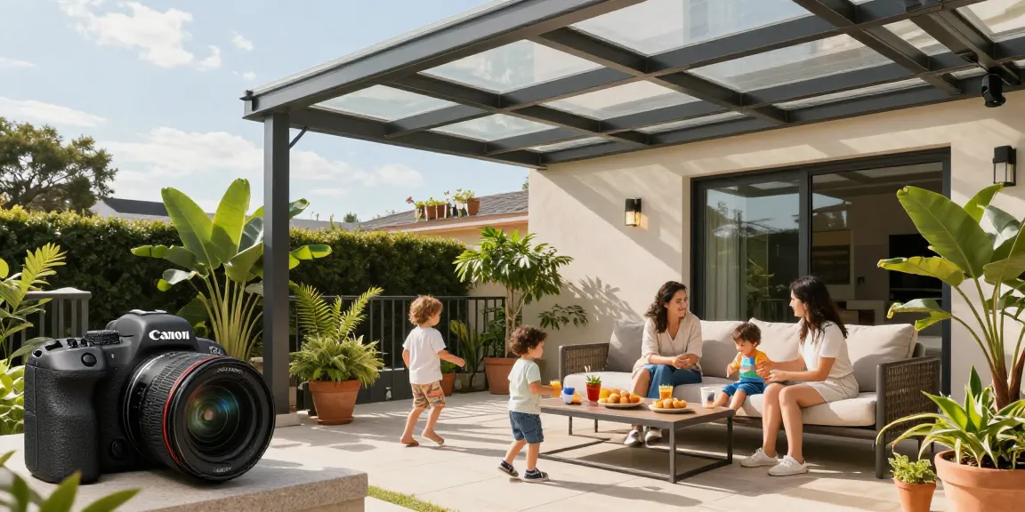 Moderne Terrassenüberdachung mit Familie und gemütlichem Sitzbereich im Freien.