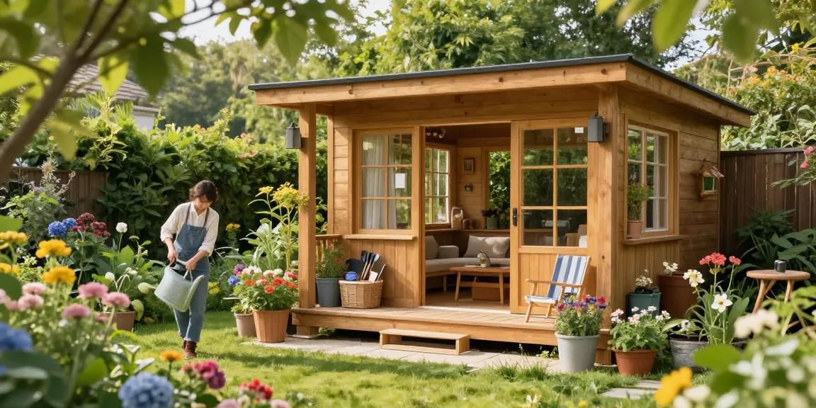 Gartenhaus Holz im Grünen, umgeben von bunten Blumen und gemütlichem Sitzbereich.