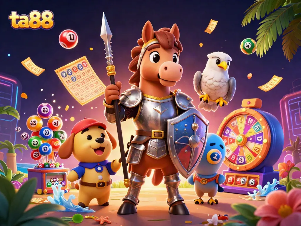 Experience the thrill of ta88 with colorful lottery elements and dynamic casino characters.