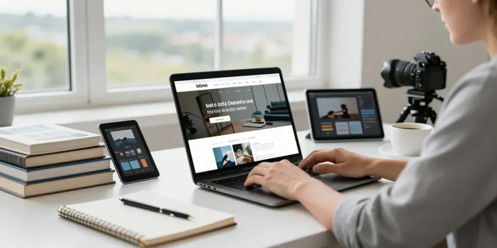 Webdesign Saarland: Kreatives Arbeitsumfeld eines Webdesigners mit Laptop, Skizzenbuch und inspirierendem Ausblick.