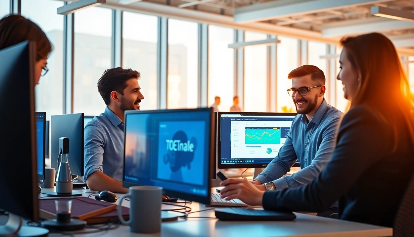 Geeks bieten Software Hilfe in einem modernen Büro mit Computern und innovativen Technologien.