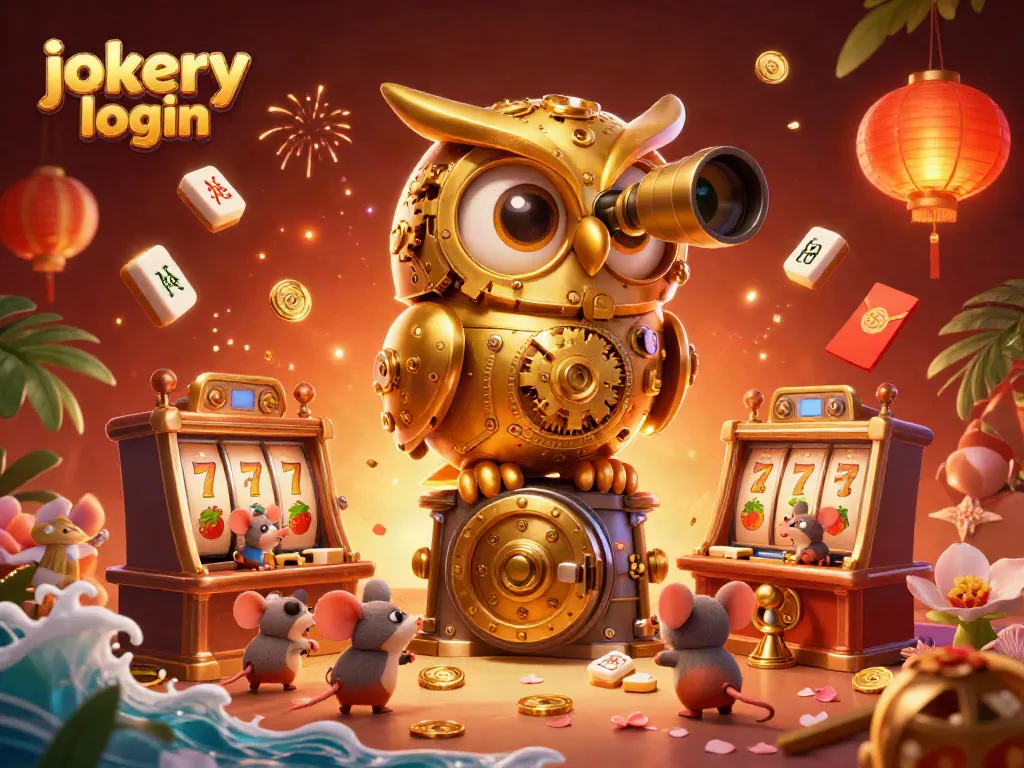 Engage with the jokery login scene featuring a golden owl scanning the casino floor amidst vibrant gaming elements.