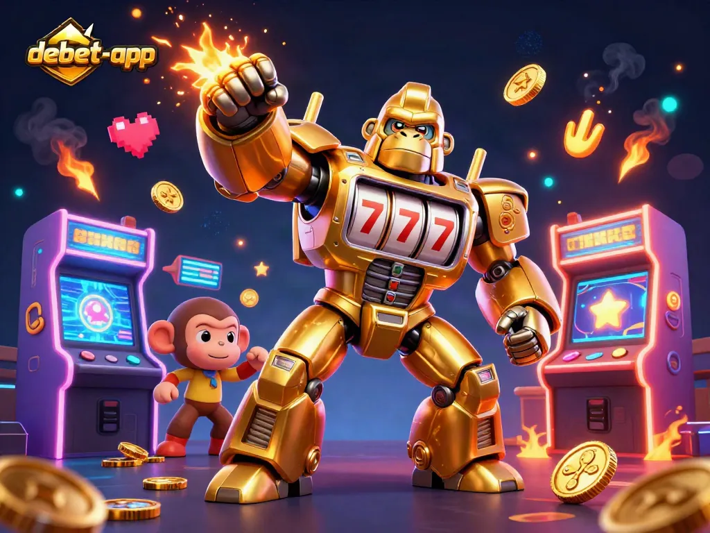 Experience thrilling action in debet-app with a golden gorilla mech, jackpot spins, and vibrant game elements.