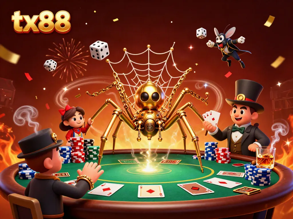 Engage in thrilling gambling action with tx88, a whimsical 3D casino scene showcasing a golden spider and poker chips.
