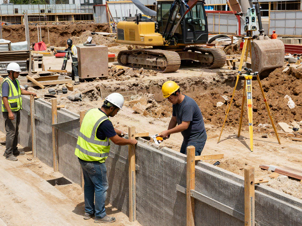 Baugrubensicherung auf Baustelle mit Arbeitern und Maschinen
