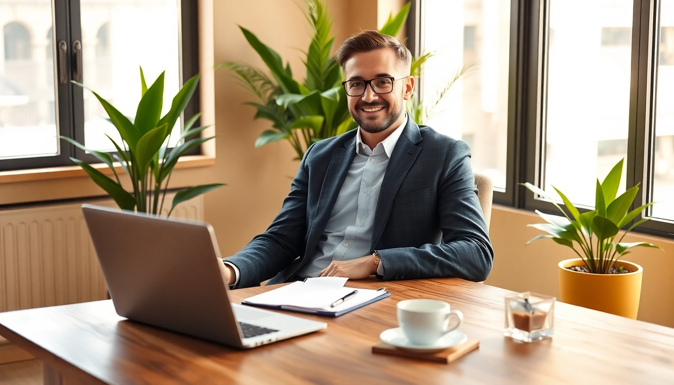 Headhunter Gastronomie im modernen Büro, umgeben von Notizen und einem Laptop, strahlt Professionalität und Gastfreundschaft aus.