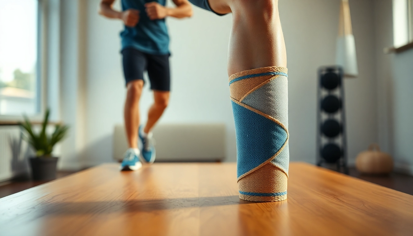 Kniebandage auf einem stilvollen Holztisch präsentierend, betont den Komfort und die Unterstützung für aktive Sportler.
