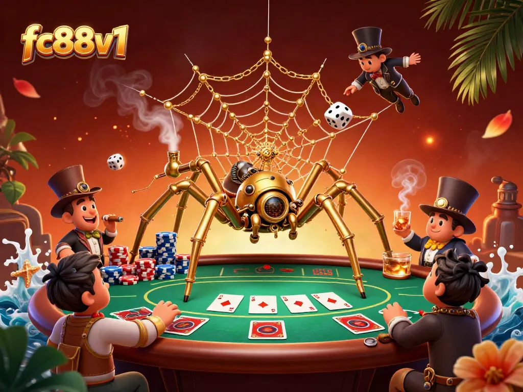 Experience thrilling poker action at fc88v1 with a golden spider and fly in an enchanting casino web.