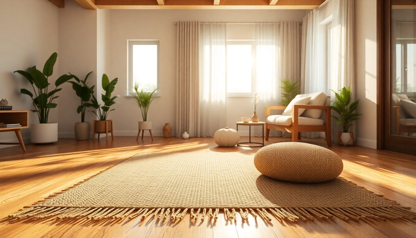 Hanfmatte in einem modern eingerichteten Raum mit natürlichem Licht und Pflanzen.
