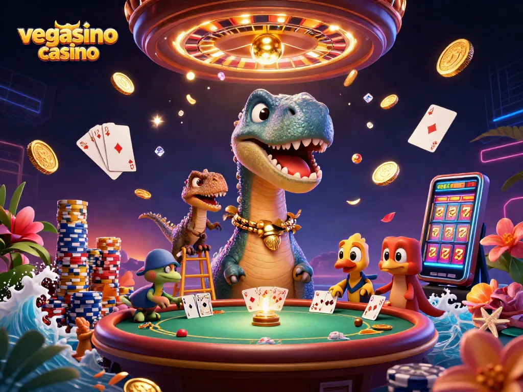 Experience the thrill of vegasino casino with vibrant, dynamic elements in this immersive 3D scene