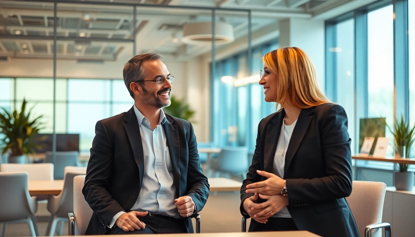 Headhunter berät einen Kandidaten in einem modernen Büro, fördert fachliche Gespräche.