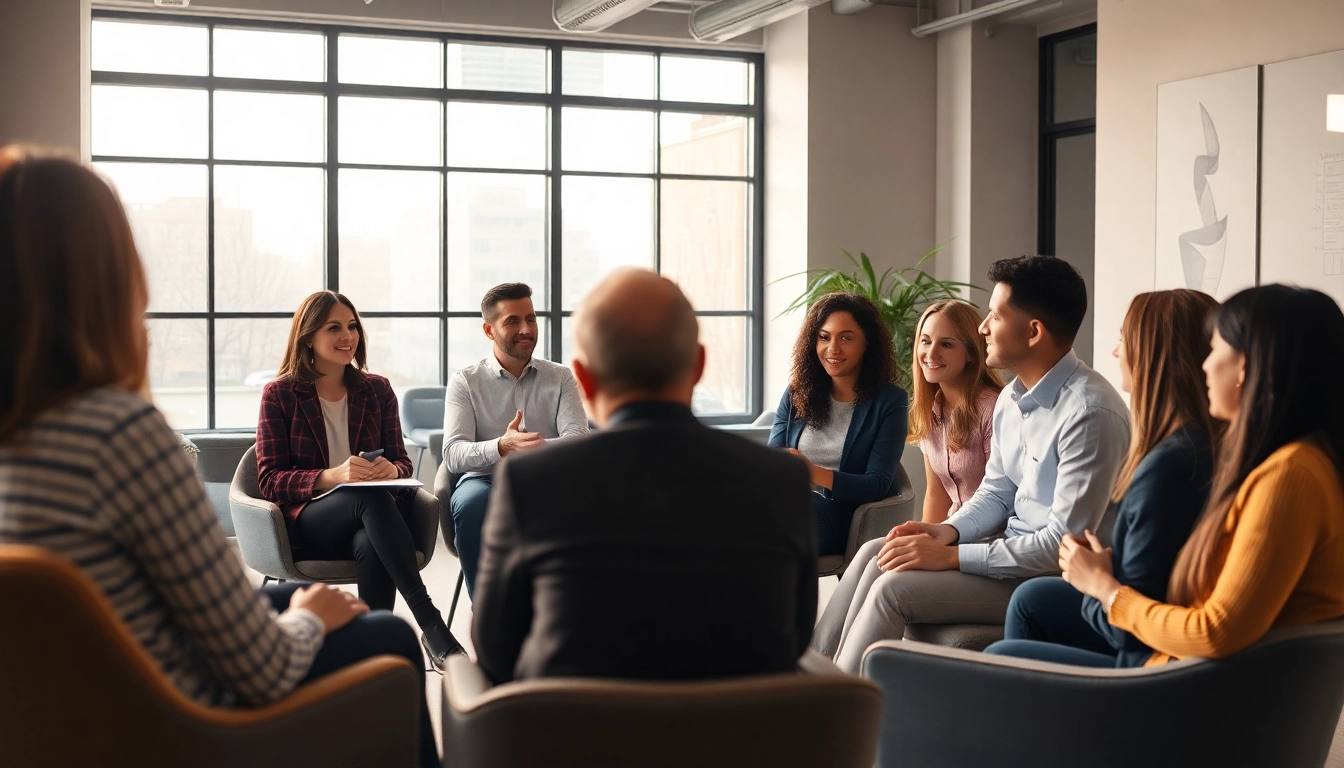 Karrierecoaching session with diverse participants discussing career strategies in a modern office.
