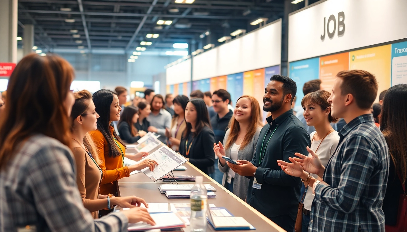 Participants exploring Stellenangebote during a bustling job fair, showcasing diverse career options.