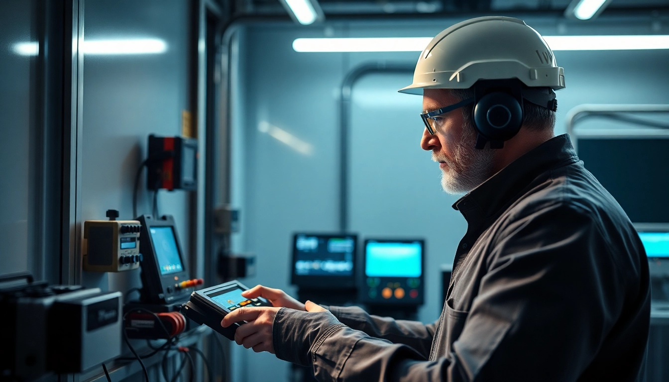 Experte bei der Prüfung ortsveränderlicher elektrischer Betriebsmittel mit modernen Messgeräten in einem Arbeitsraum.