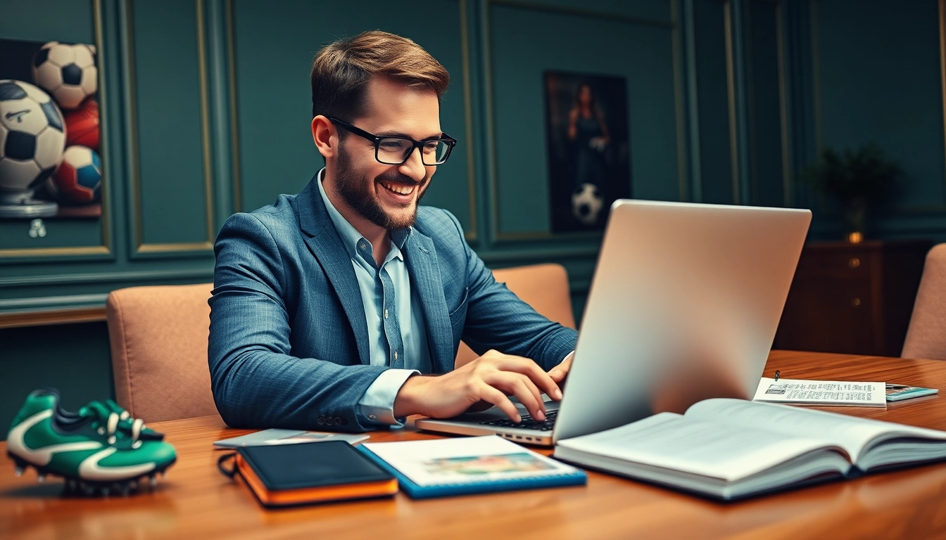 Setze auf Vertrauen mit legal online sportwetten: Ein Wettanbieter überprüft Quoten am Laptop mit Sportzubehör.