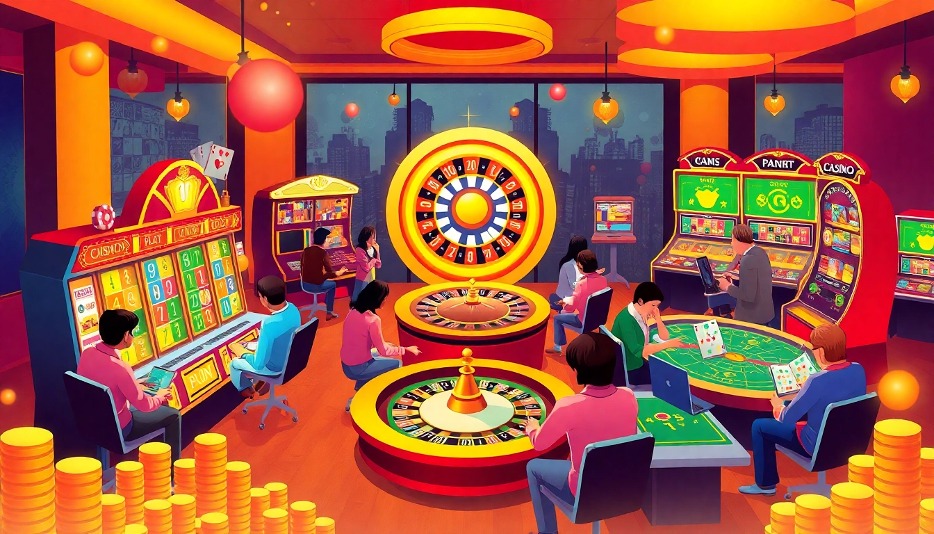Explore thrilling online casino games featuring colorful slots and roulette in a lively digital setting.