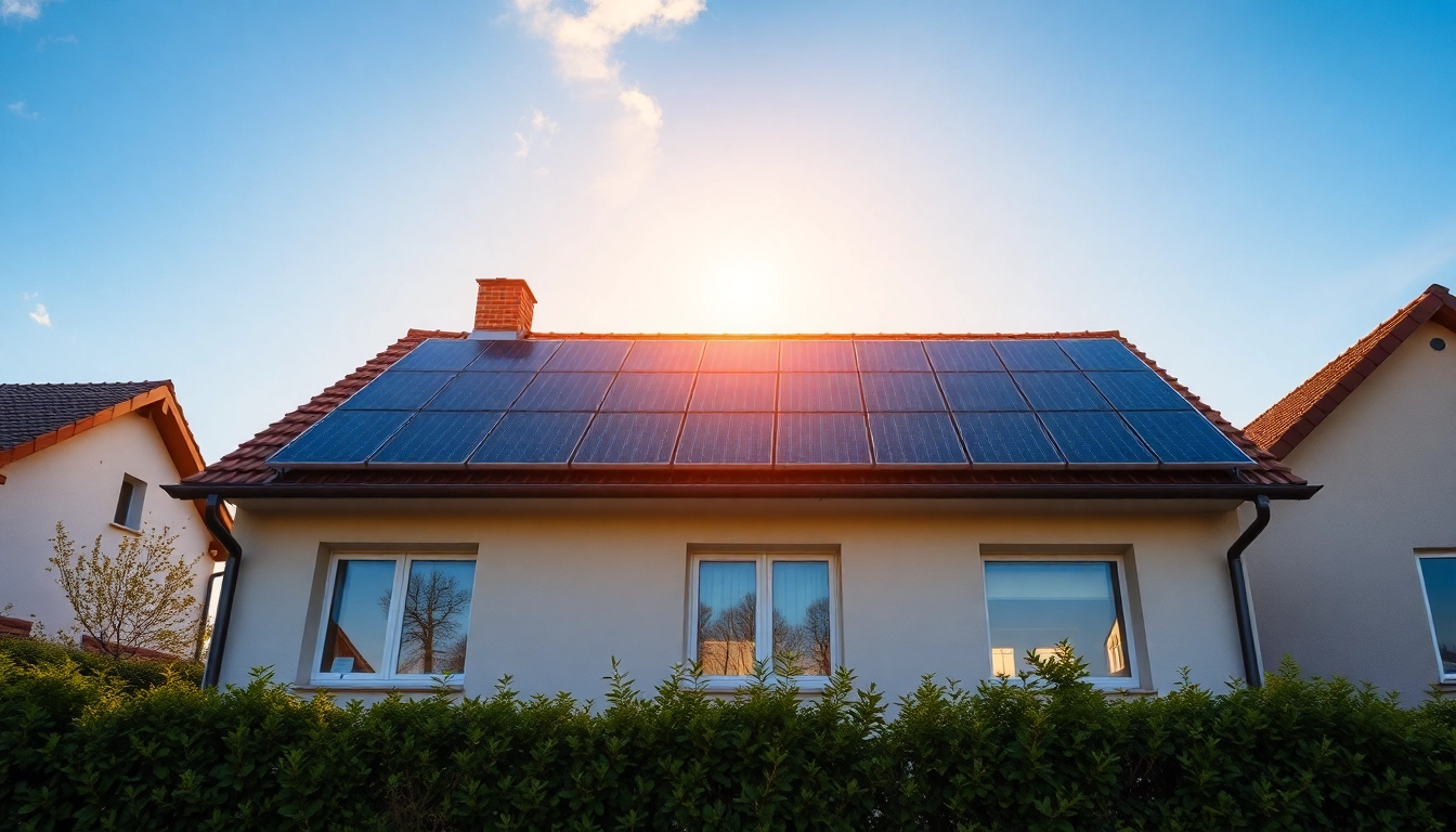 Erkunde die Solaranlage Preise durch ein Bild eines Einfamilienhauses mit Solarpanels, das in der Abendsonne leuchtet.