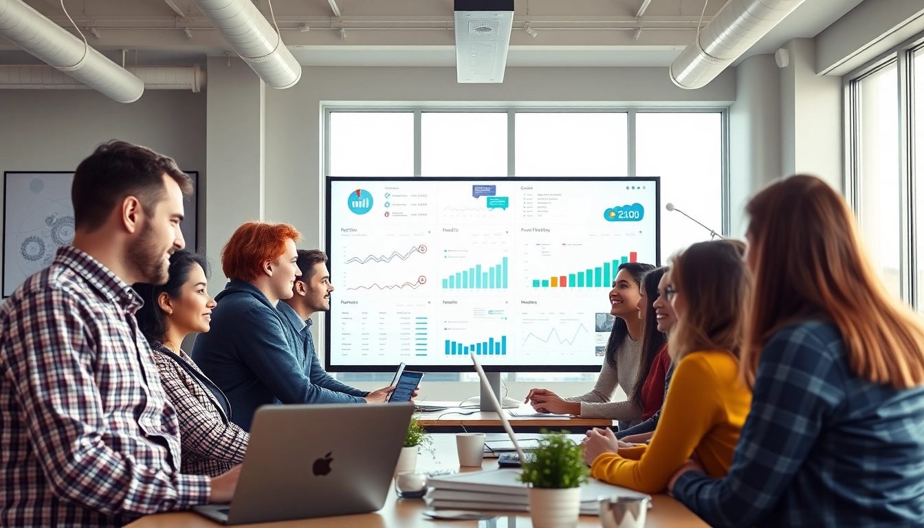 Showcase a collaborative digital marketing office in Edmonton as teams brainstorm effective strategies.