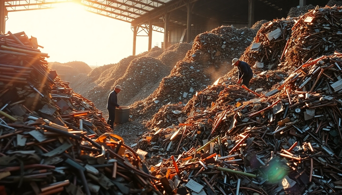 Efficient Schrottabholung Remscheid service depicted with workers handling various metals in a busy yard.