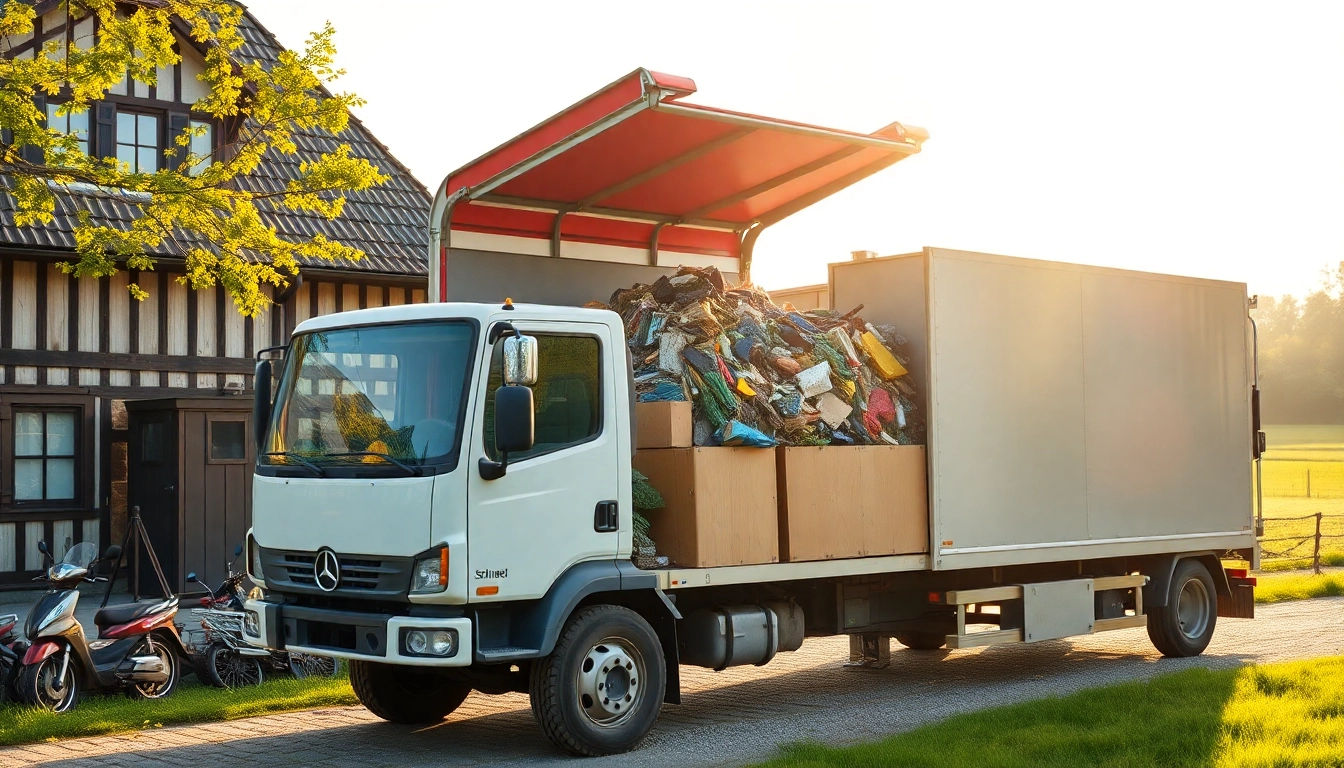 Schrottabholung durch einen mobilen Schrotthändler mit einem Transporter auf einem ländlichen Hof.