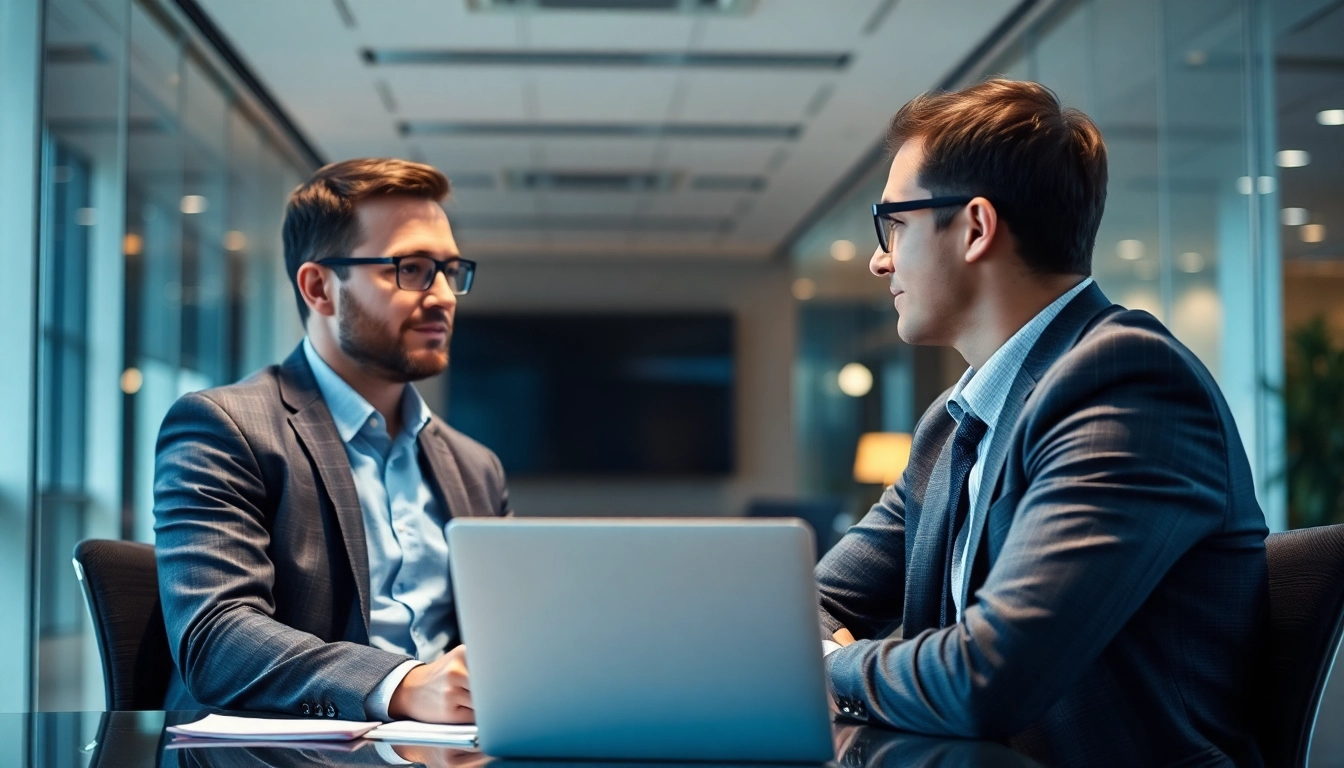 Interaktion zwischen einem Headhunter und einem Bewerber im Büro zeigt engagierte Berufsberatung.