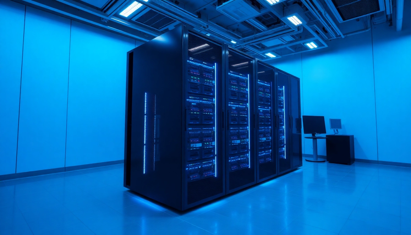Visualisiere die Installation von Windows Server 2022 Vollversion in einem modernen Serverraum mit eleganten, beleuchteten Serverracks.