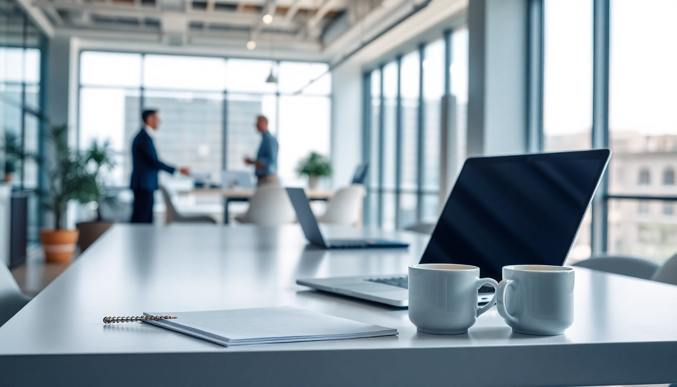 Headhunter Agentur Büro mit Berater, Laptop und Notizbuch.