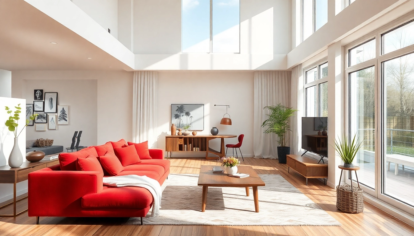 Raumgestaltung eines modernen Wohnraumes mit harmonischen Farben und stilvollen Möbeln.