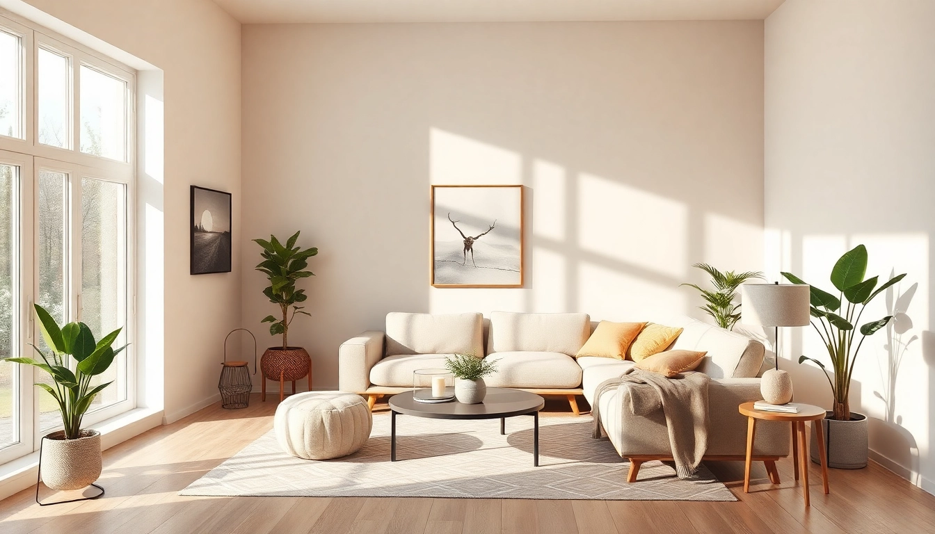 Raumgestaltung: Ein einladendes Wohnzimmer mit neutralen Farben und warmem Licht, das Gemütlichkeit ausstrahlt.